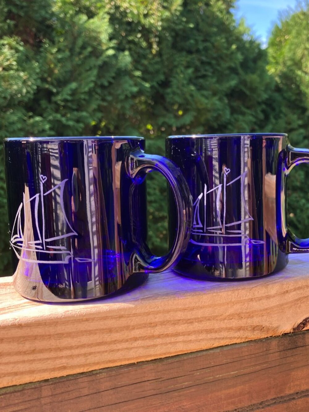 Pair of Vtg Libbey Cobalt Blue Glass Coffee Mugs with Sailboat 12 oz Made in USA